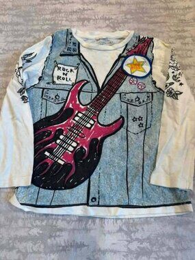 Stella McCartney Kids White Rock Guitar Denim Vest Print Long Sleeve Tee 5Y